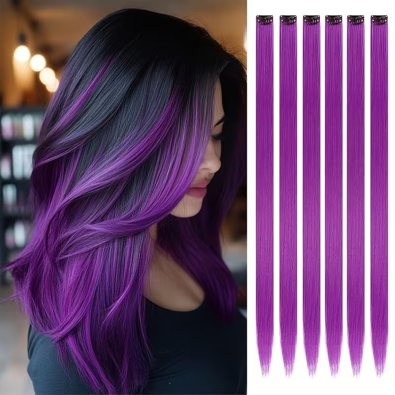 6 Pcs Purple Clip-In Hair Extension Set